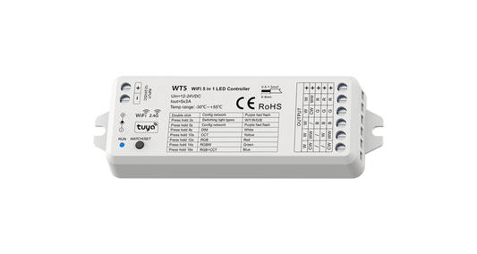 WT5 WiFi & RF 5-in-1 LED Controller | 5CH 3A 12–24V Tuya Compatible