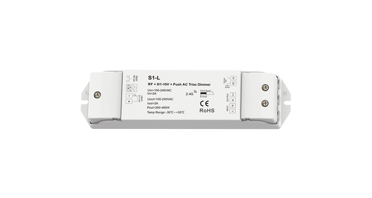 S1-L AC Phase-Cut Dimmer | 1CH 2A RF + 0/1–10V Push Control