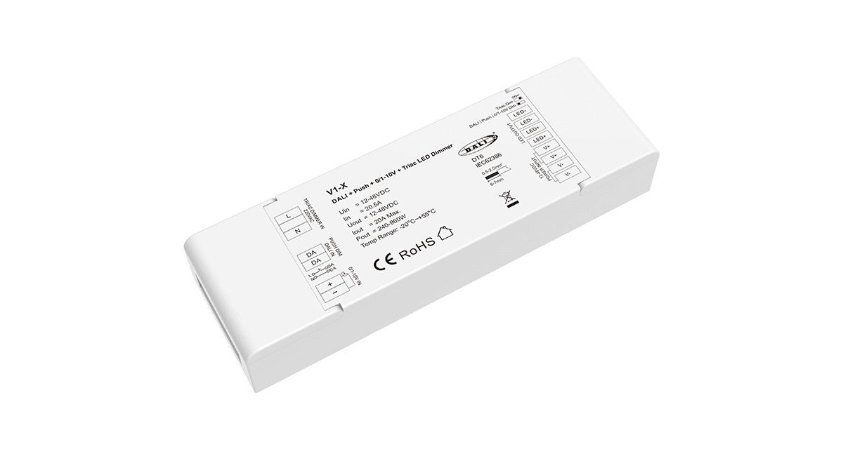 V1-X DALI + Push + 0/1-10V + Triac LED Dimmer | 1CH 20A 12-48VDC Constant Voltage