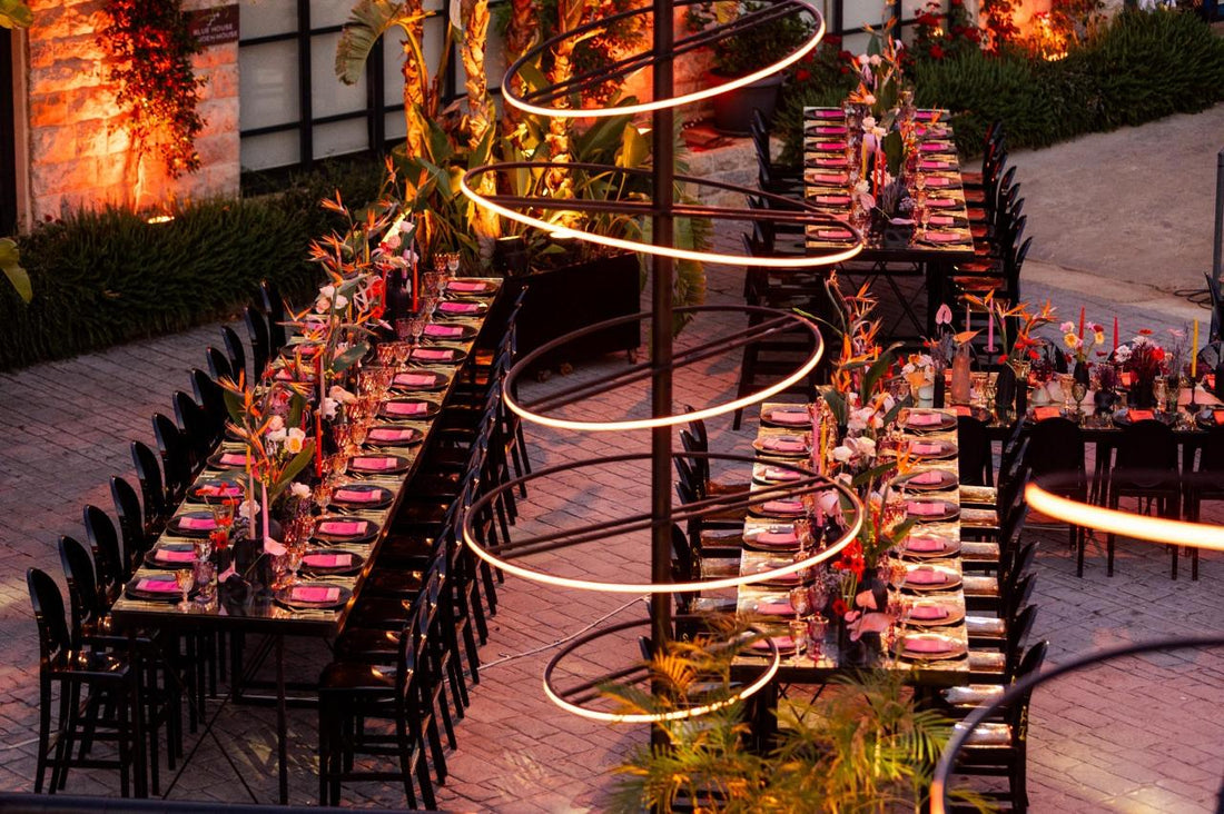 Private wedding outdoor lighting project with custom RGB LED ring poles and warm ambient lighting in Lebanon
