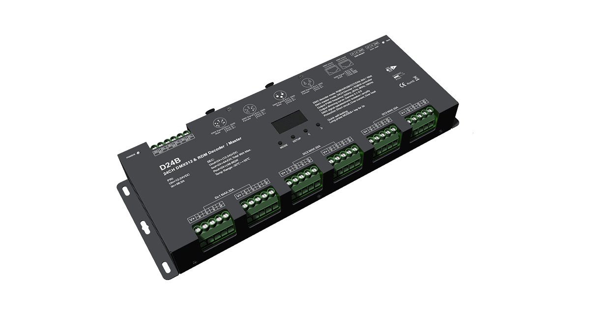 D24B 24-Channel DMX512 Decoder | 4A × 24CH 12–24V CV OLED Controller