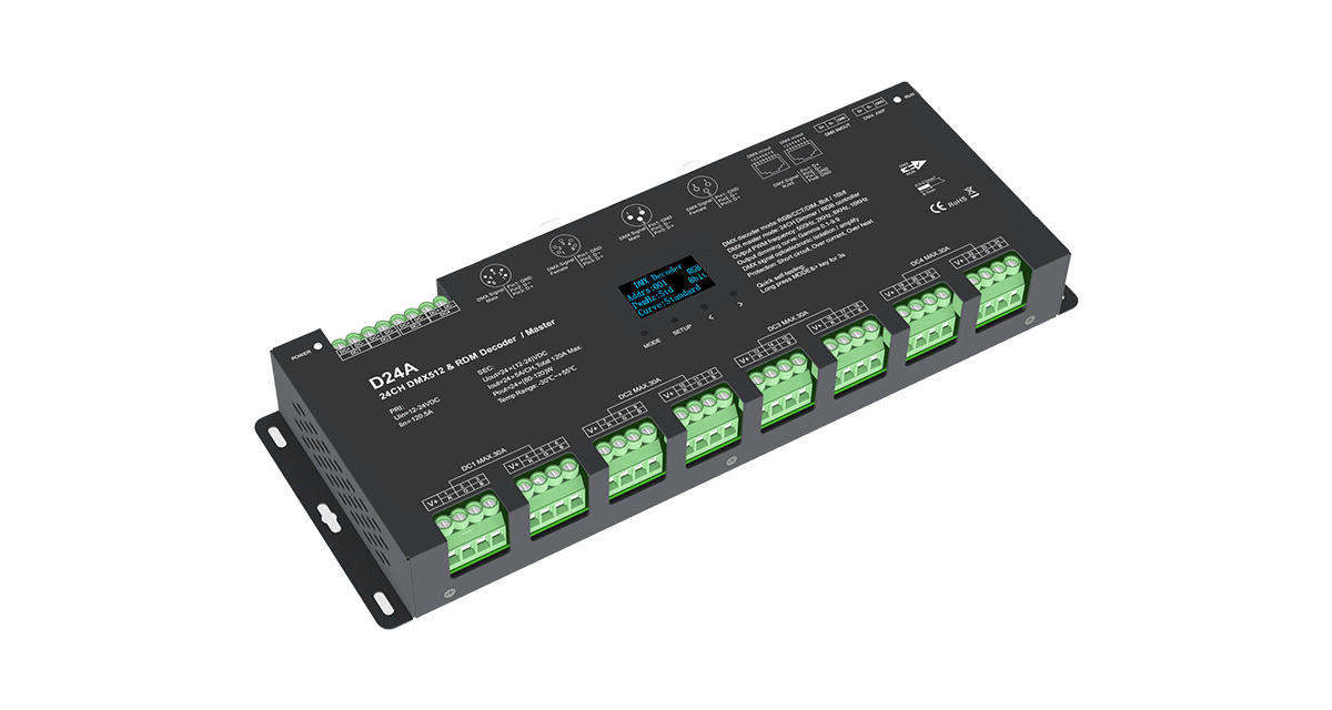 D24A 24-Channel DMX512 Decoder with OLED Display | 12–24V CV LED Driver