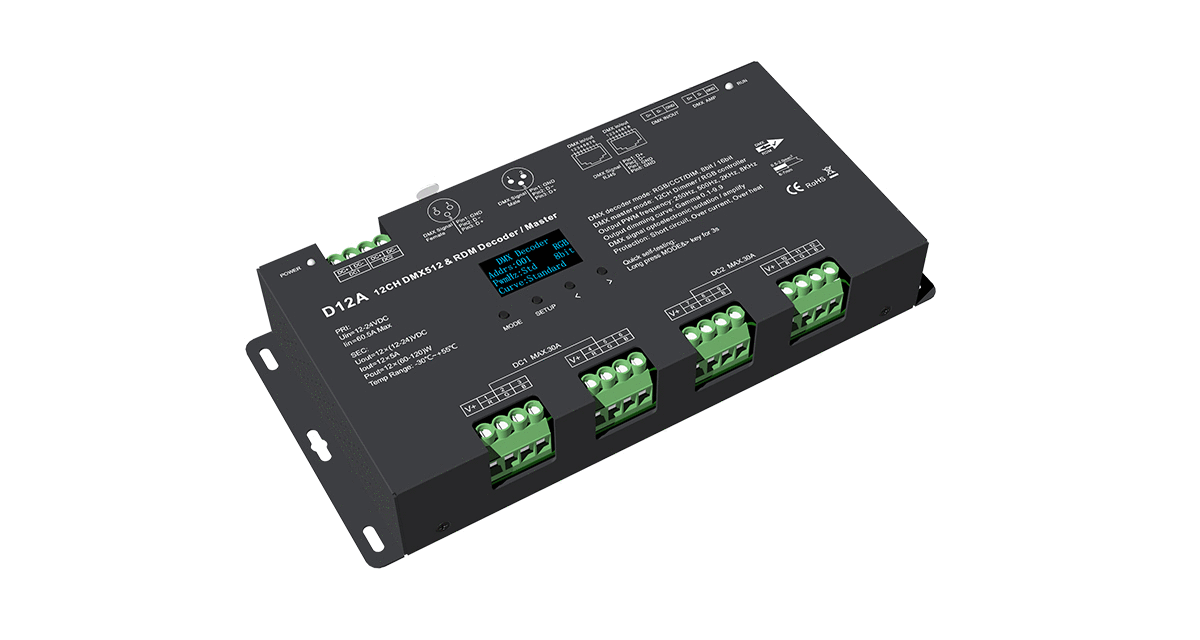D12A 12-Channel DMX512 Decoder | 5A × 12CH 12–24V CV OLED Controller