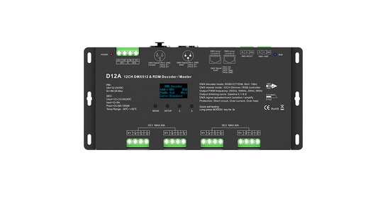 D12A 12-Channel DMX512 Decoder | 5A × 12CH 12–24V CV OLED Controller