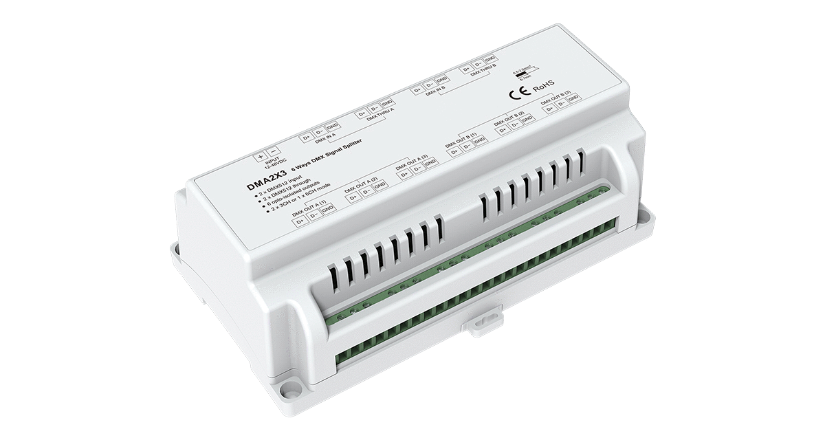 DMA2X3 6-Way DMX Signal Splitter | 12–48V DC DMX512 Distributor