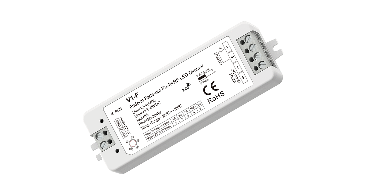 V1-F Fade-in Fade-out Push+RF LED Dimmer | 1CH 8A 12–48V Constant Voltage