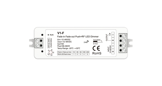 V1-F Fade-in Fade-out Push+RF LED Dimmer | 1CH 8A 12–48V Constant Voltage