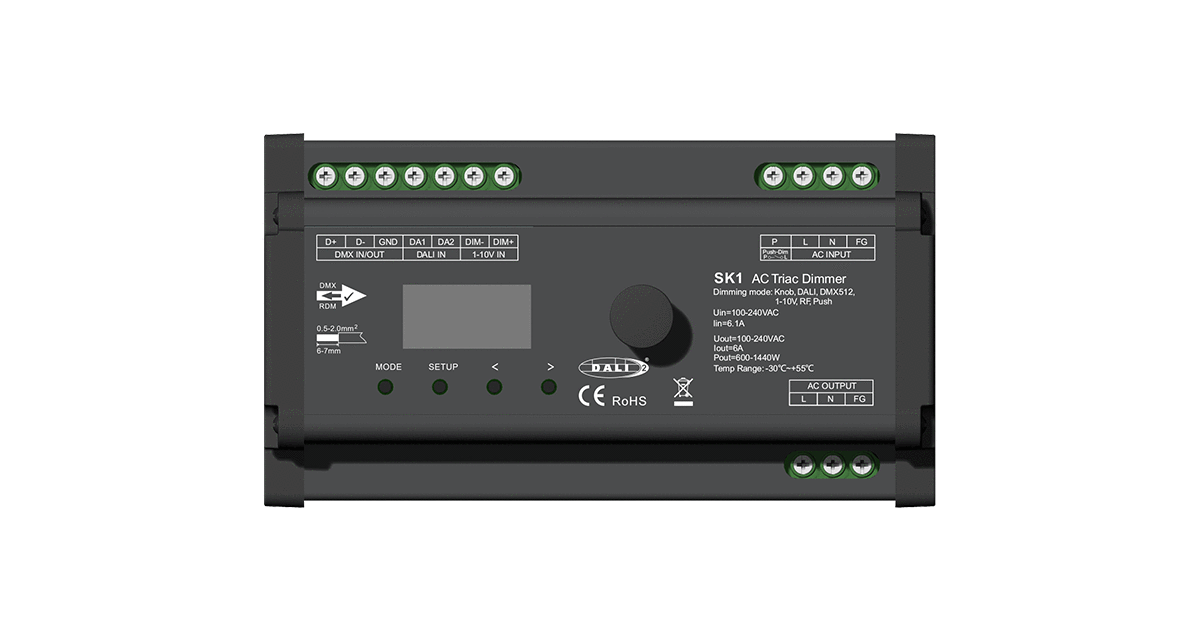 SK1 AC Triac Dimmer | 1CH 6A RF, DMX512 & 1–10V Knob Controller