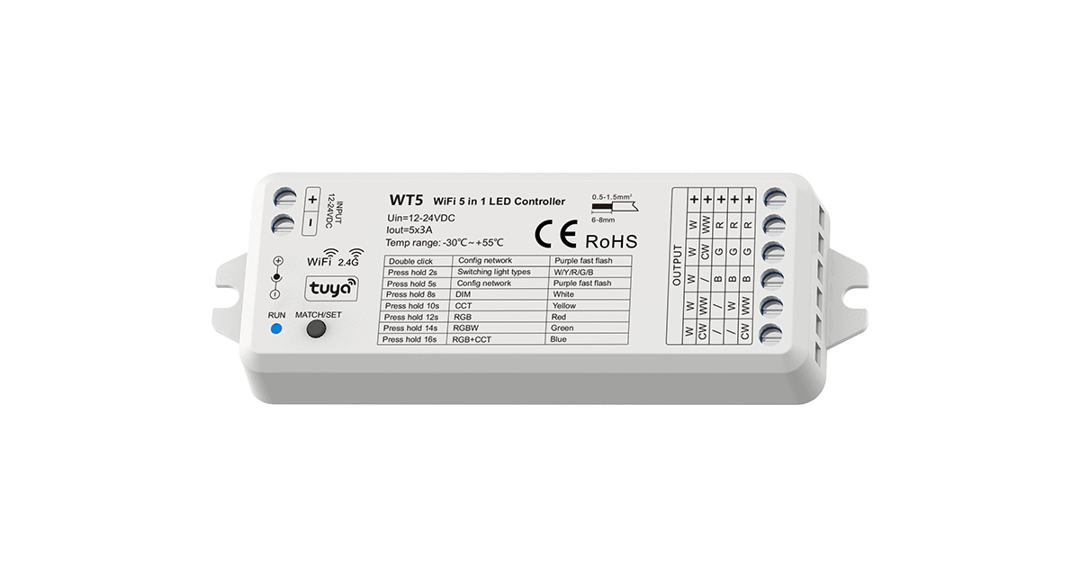 WT5 WiFi & RF 5-in-1 LED Controller | 5CH 3A 12–24V Tuya Compatible