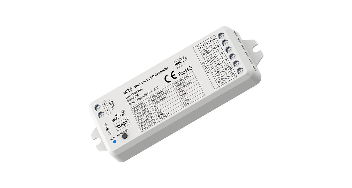 WT5 WiFi & RF 5-in-1 LED Controller | 5CH 3A 12–24V Tuya Compatible
