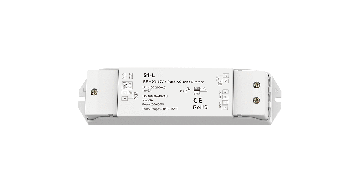 S1-L AC Phase-Cut Dimmer | 1CH 2A RF + 0/1–10V Push Control