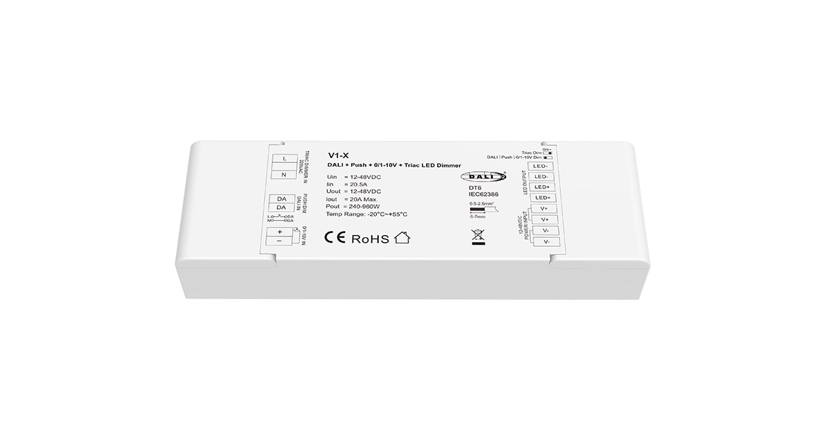 V1-X DALI + Push + 0/1-10V + Triac LED Dimmer | 1CH 20A 12-48VDC Constant Voltage